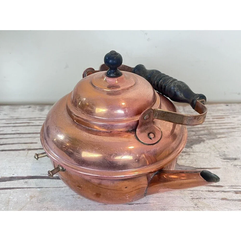 Vintage Small Copper Tea Kettle With Wood Handle Cottage Core 8” x 6” Country